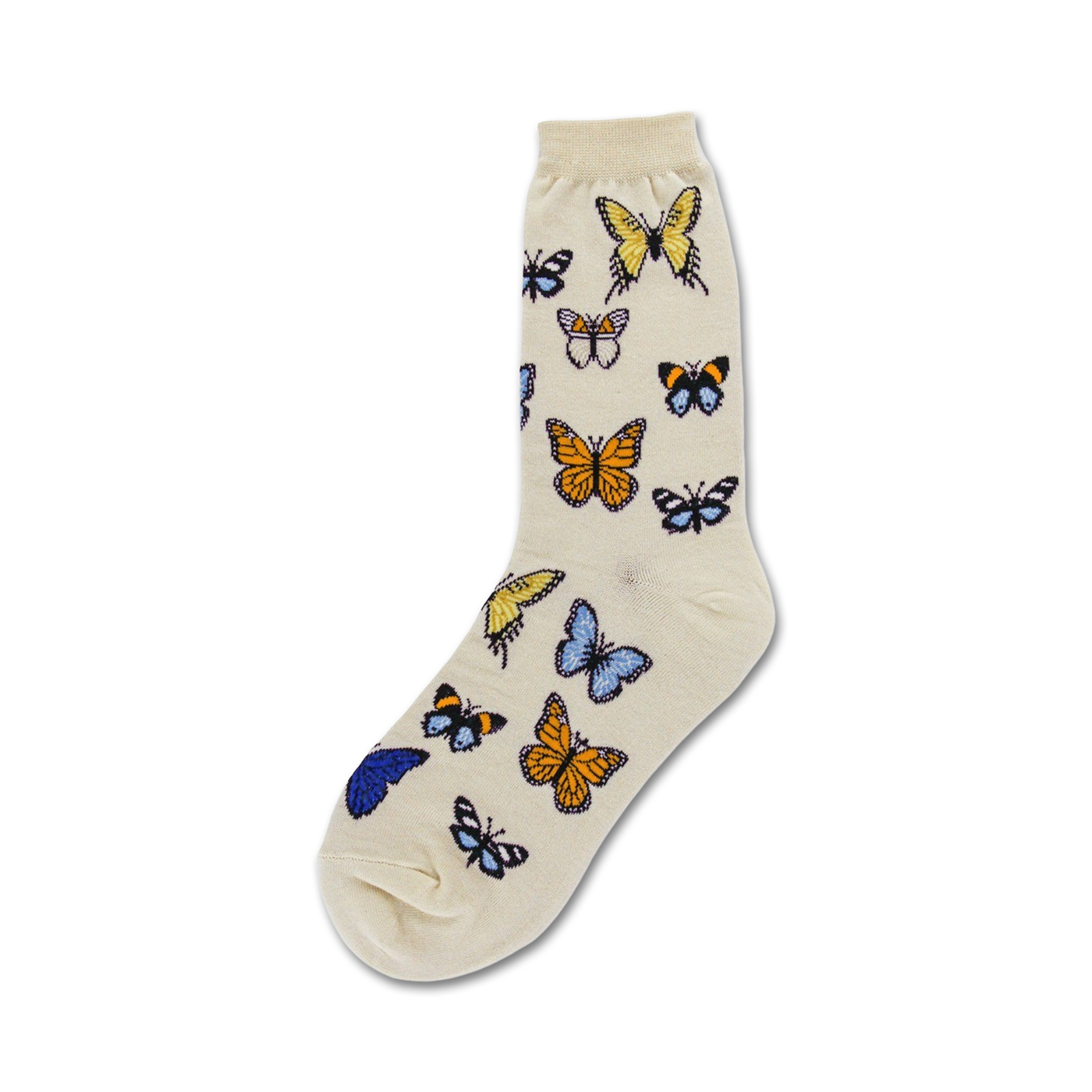 Cream-colored crew socks with a fun pattern of orange, yellow, and blue butterflies.