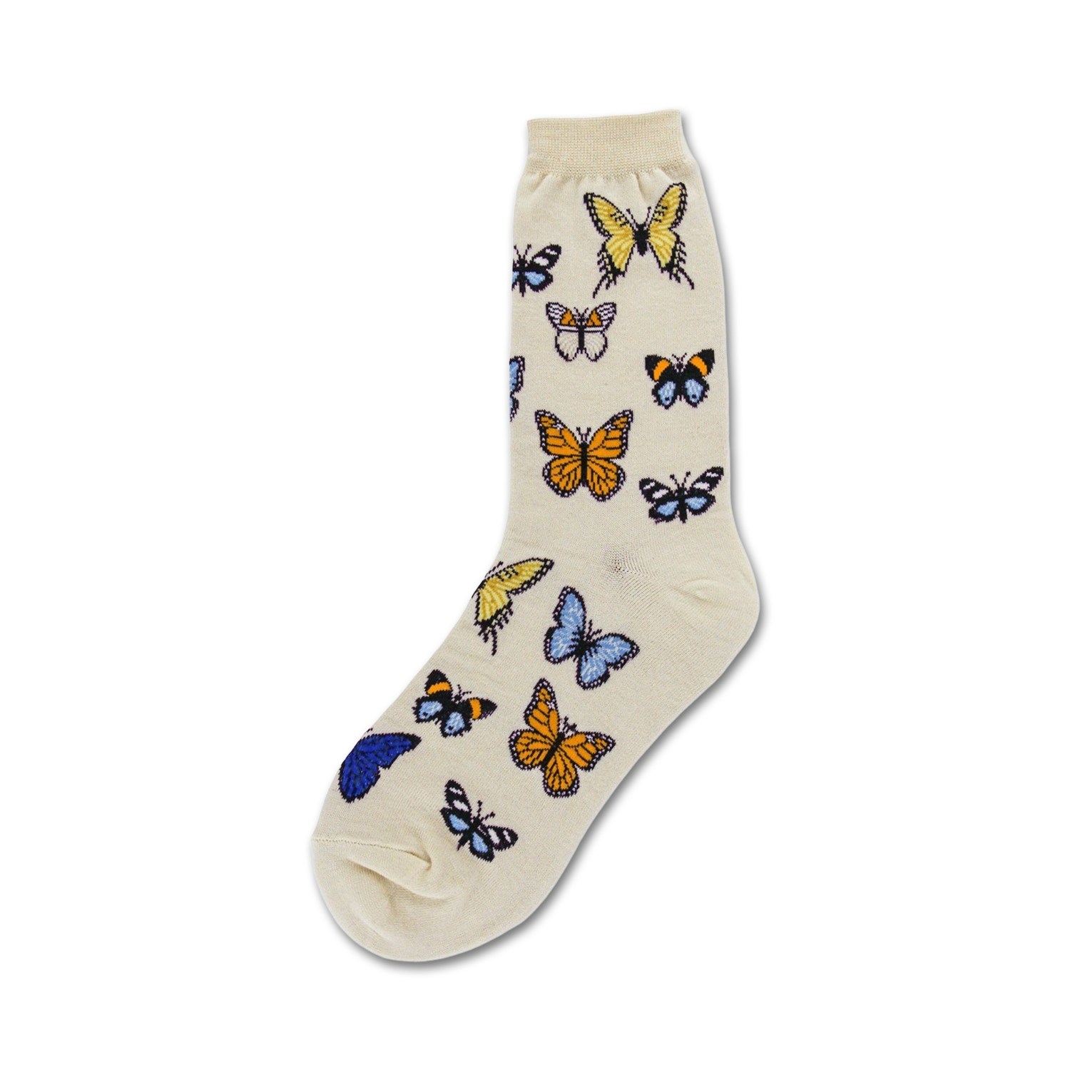 Cream-colored crew socks with a fun pattern of orange, yellow, and blue butterflies.