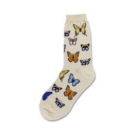 women's crew socks with butterfly pattern on a cream background  