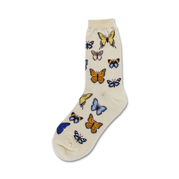 women's crew socks with butterfly pattern on a cream background  