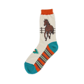 Cream sock showing a brown horse by a fence, complete with a colorful southwestern striped pattern and solid teal toe.