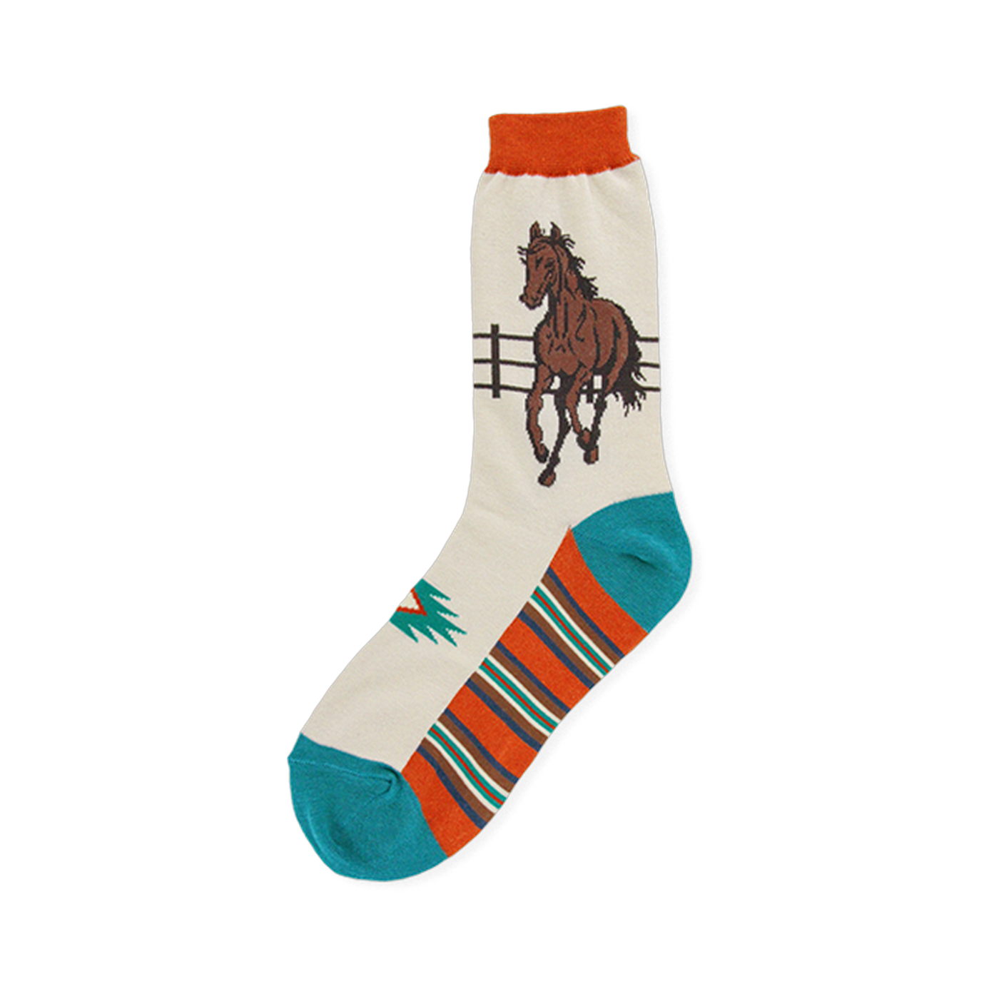 Cream sock showing a brown horse by a fence, complete with a colorful southwestern striped pattern and solid teal toe.