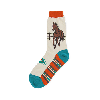 Cream sock showing a brown horse by a fence, complete with a colorful southwestern striped pattern and solid teal toe.