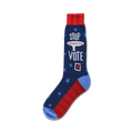 Crew socks in navy blue, red, and light blue.  Stars and stripes pattern with 'Stop complaining, Vote!' text.