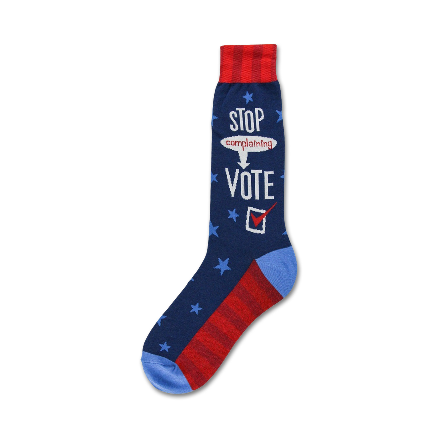 Crew socks in navy blue, red, and light blue.  Stars and stripes pattern with 'Stop complaining, Vote!' text.