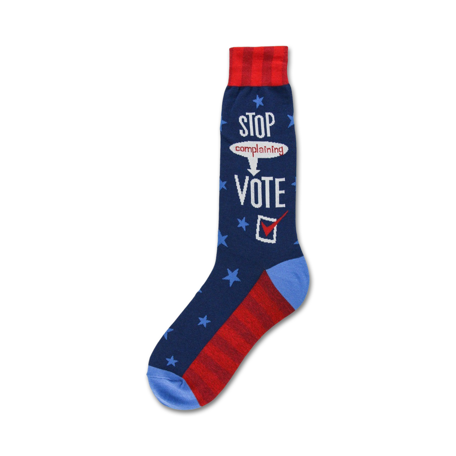 Crew socks in navy blue, red, and light blue.  Stars and stripes pattern with 'Stop complaining, Vote!' text.