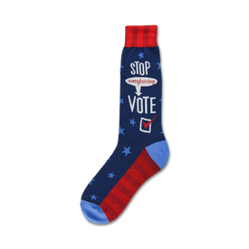 mens patriotic crew socks with the words 'stop complaining...vote!' be a hero, exercise your right to vote.  