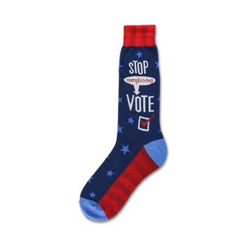 mens patriotic crew socks with the words 'stop complaining...vote!' be a hero, exercise your right to vote.  