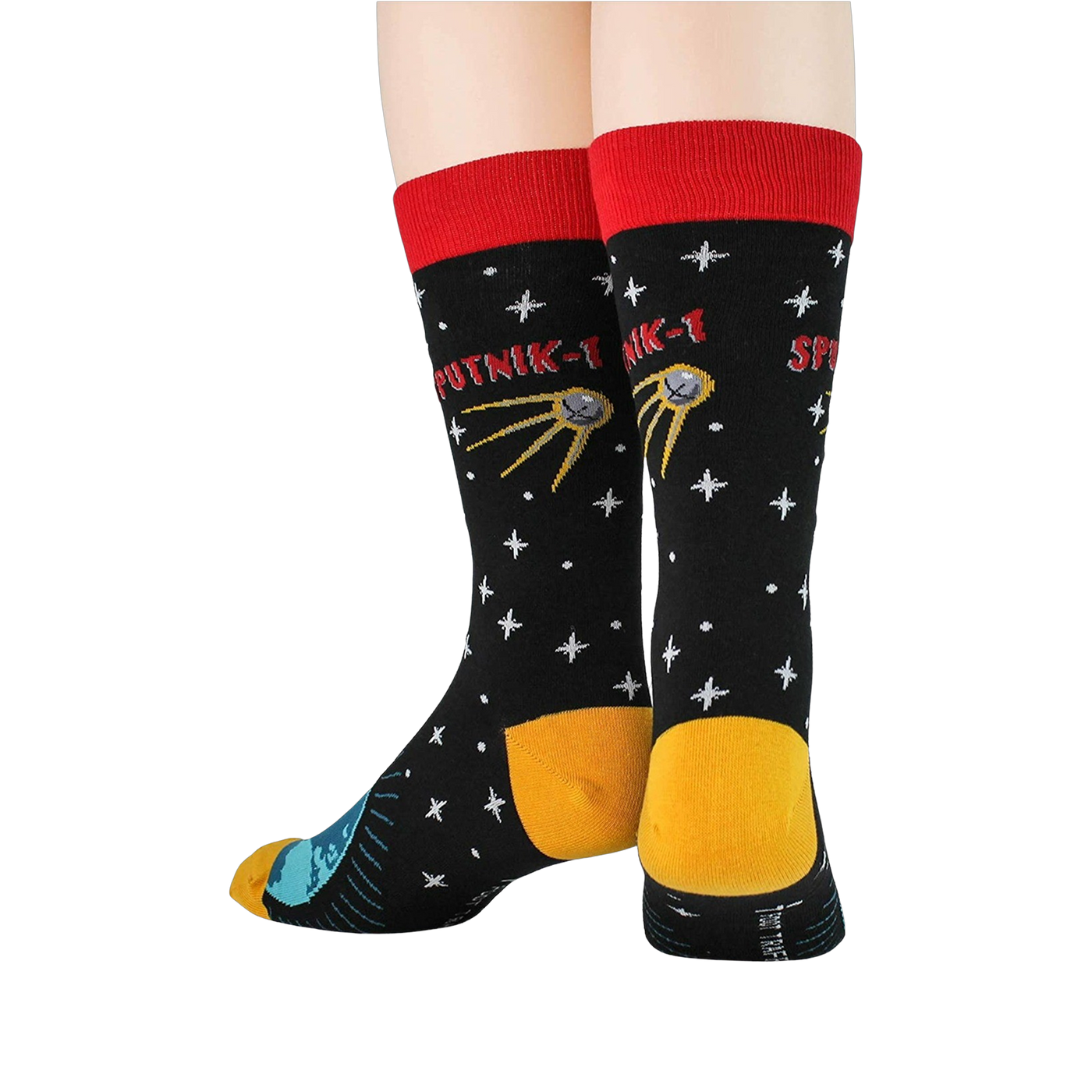 Pair of Sputnik socks on a model's feet, showcasing the back design and red cuff.