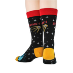 Pair of Sputnik socks on a model's feet, showcasing the back design and red cuff.