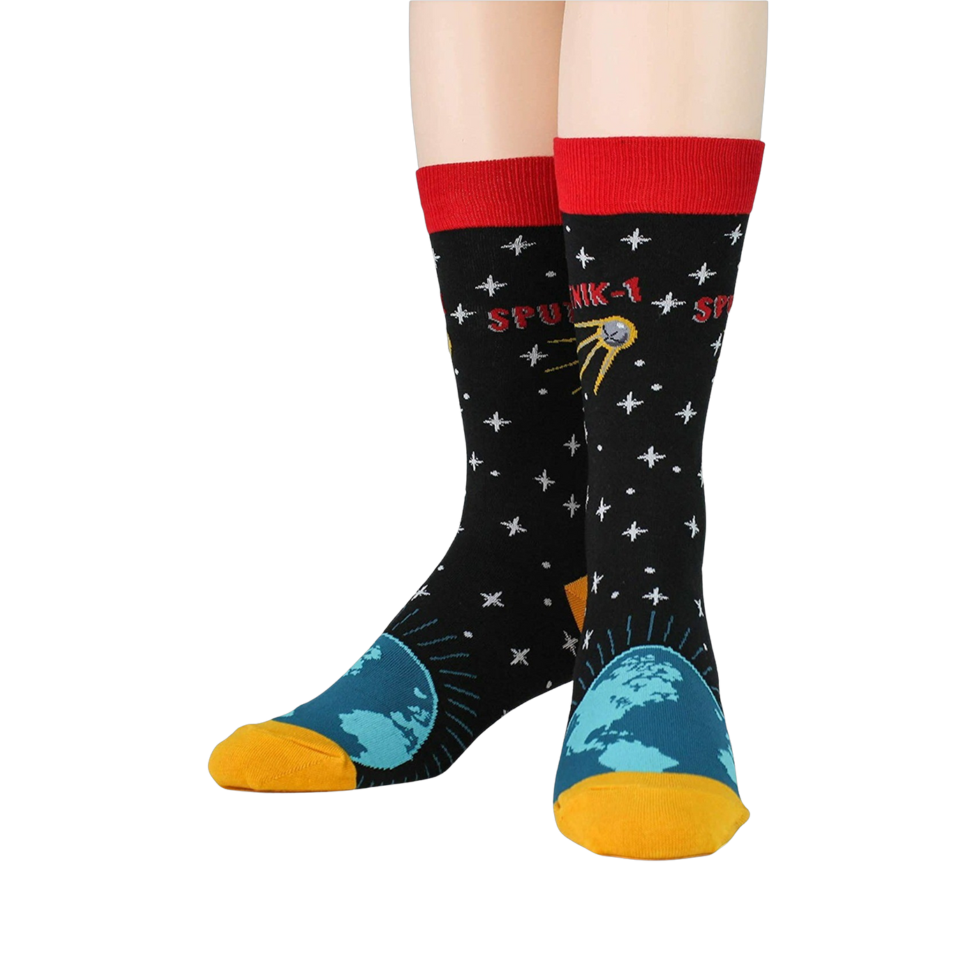 A front-facing view of a pair of Sputnik socks on a model, highlighting the full design.