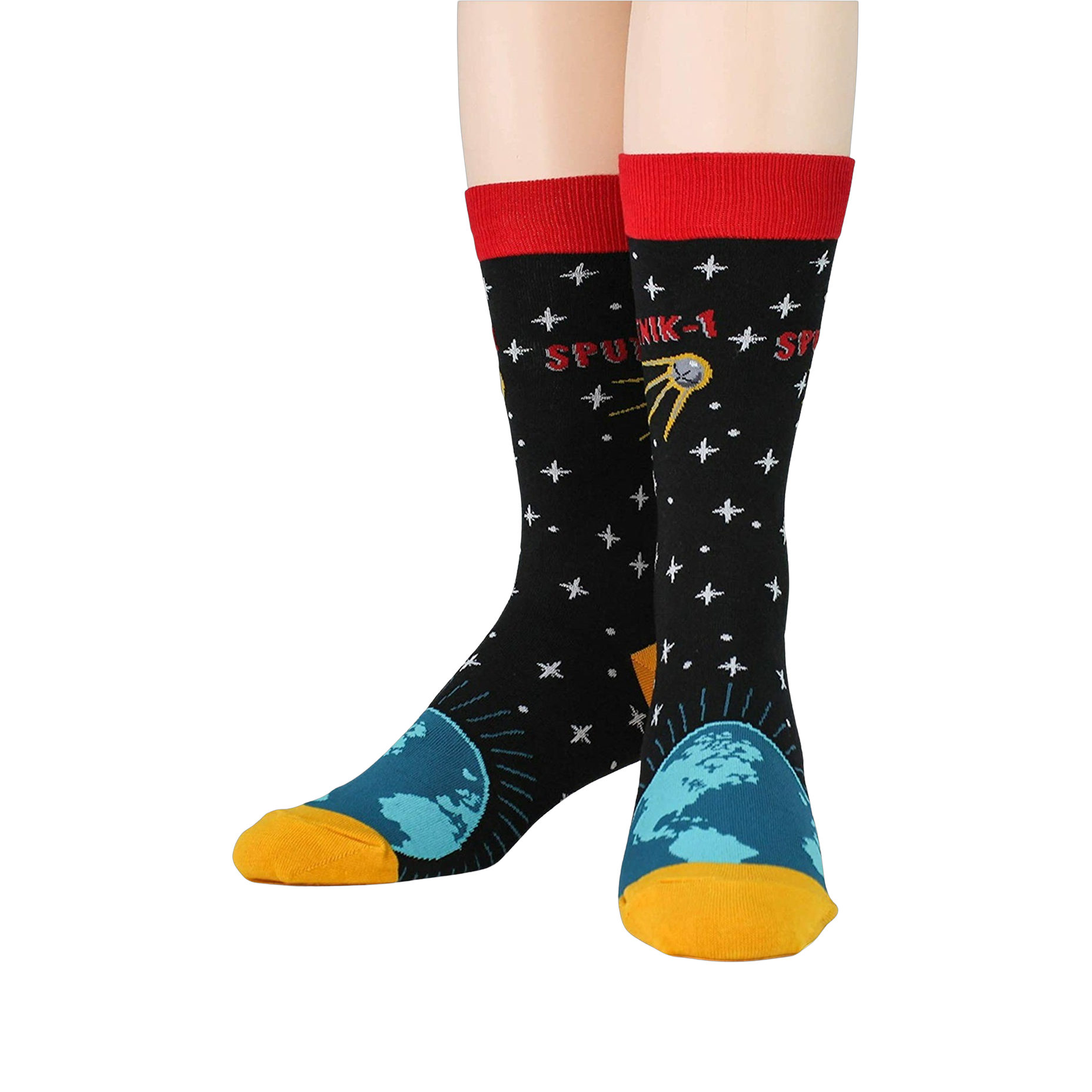 A front-facing view of a pair of Sputnik socks on a model, highlighting the full design.