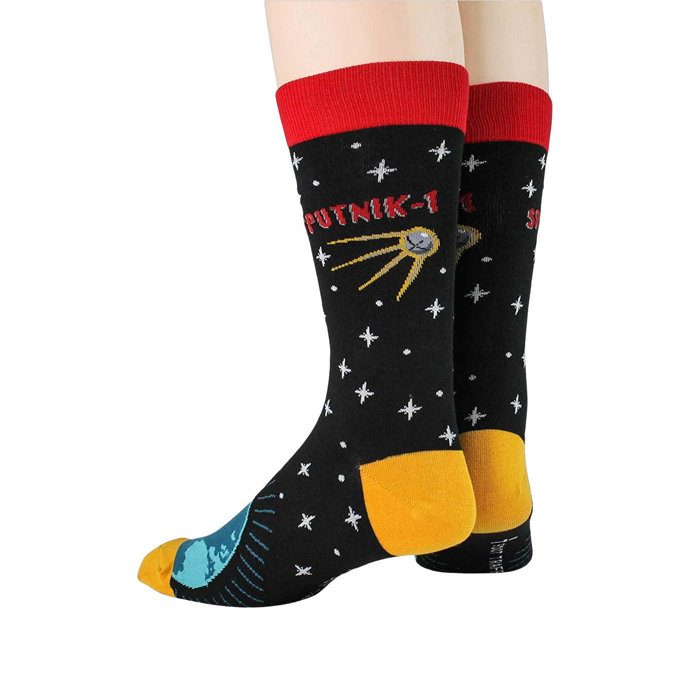 Rear view of Sputnik socks on a model's legs, emphasizing the sock's design elements.