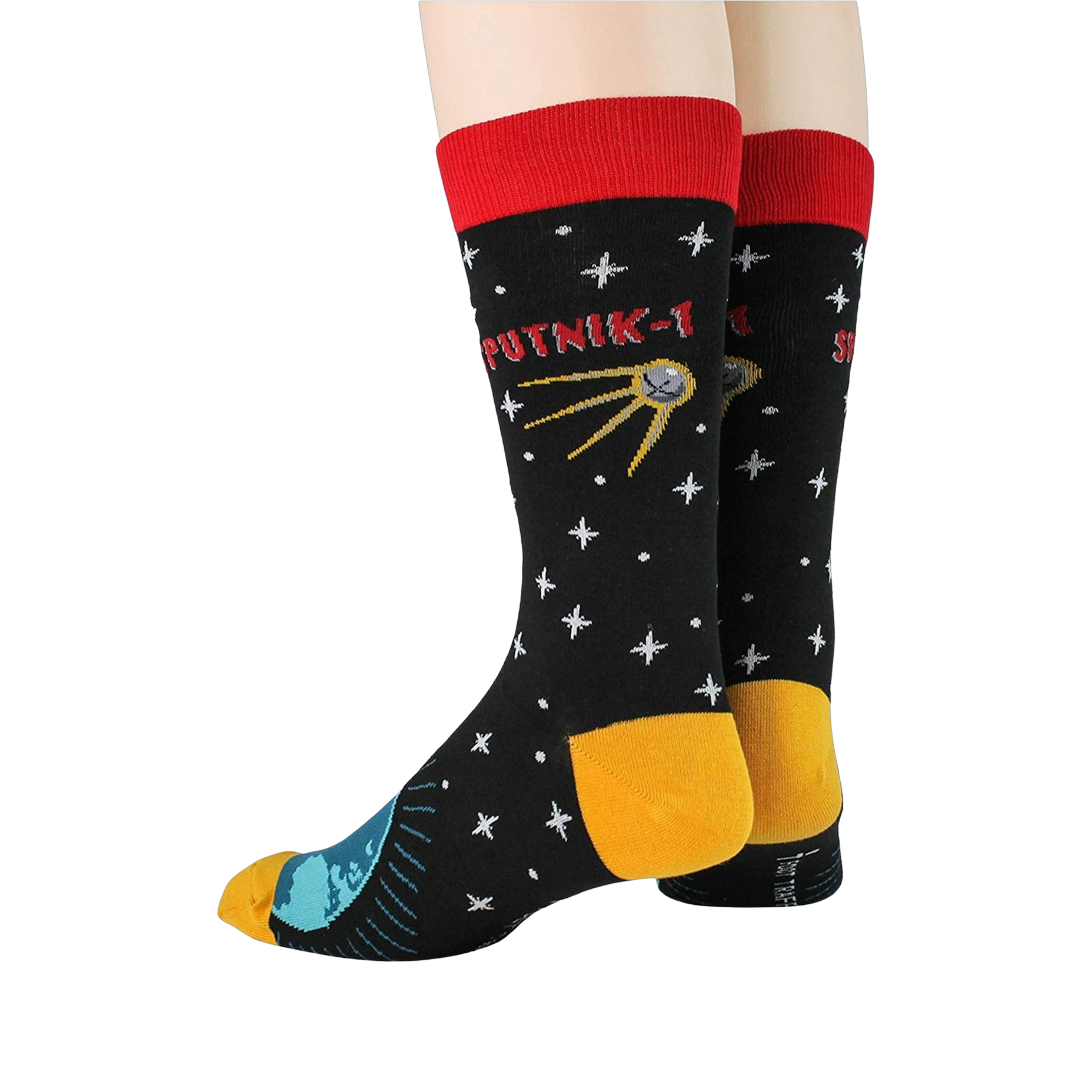 Rear view of Sputnik socks on a model's legs, emphasizing the sock's design elements.