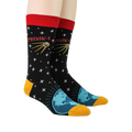 Lifestyle shot showing a close-up detail of the Earth and satellite graphic on the sock.