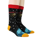 Lifestyle shot showing a close-up detail of the Earth and satellite graphic on the sock.