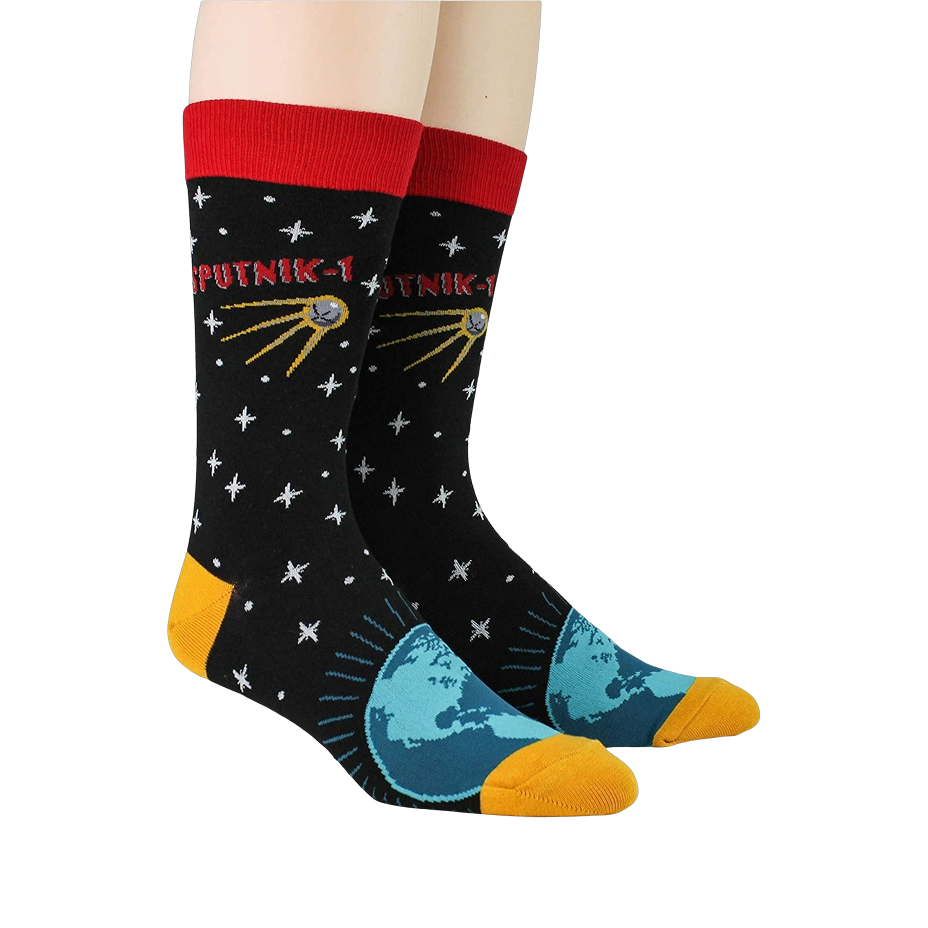 Lifestyle shot showing a close-up detail of the Earth and satellite graphic on the sock.