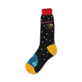 Black crew socks with a red cuff, featuring a Sputnik satellite, stars, and a teal Earth graphic on a yellow heel.