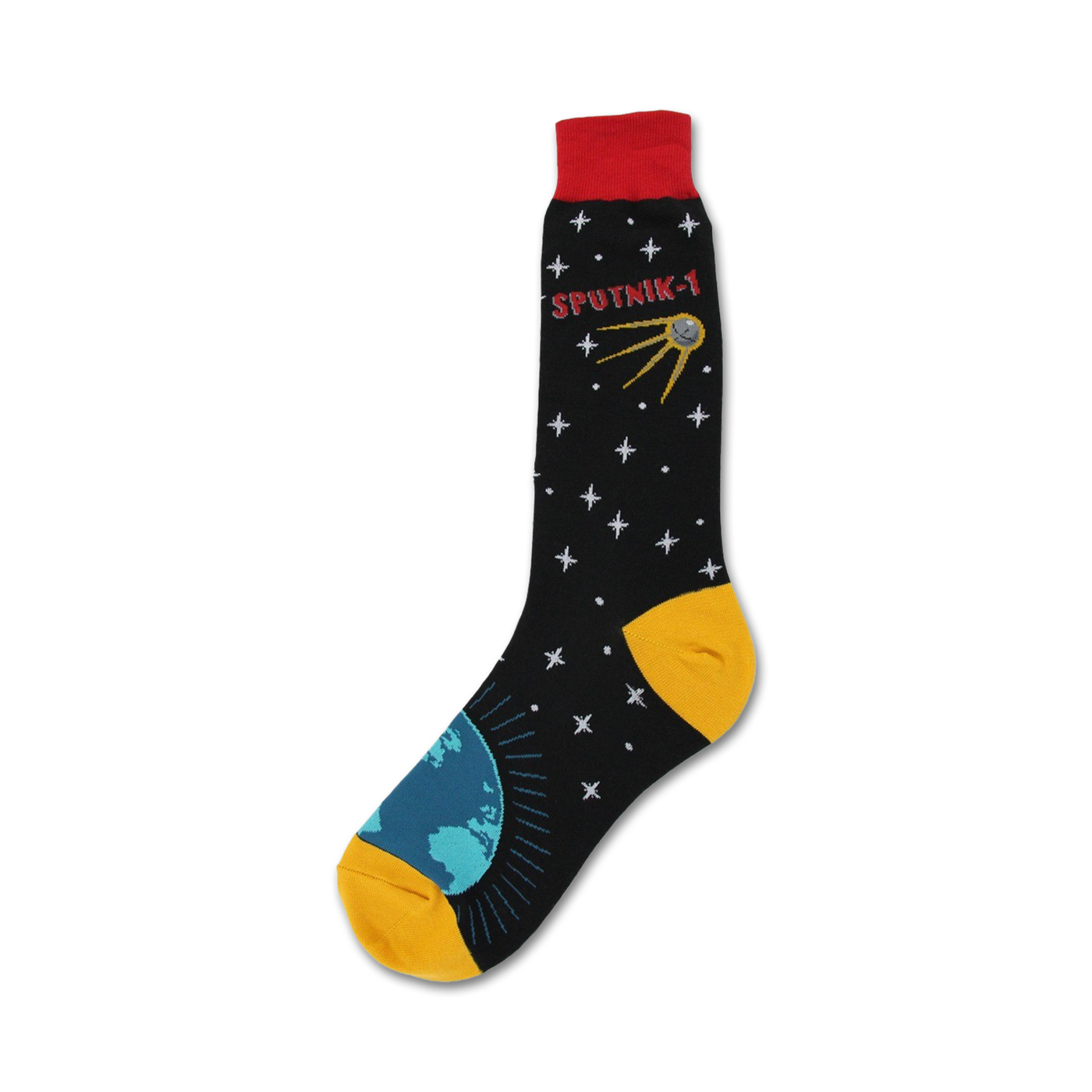 Black crew socks with a red cuff, featuring a Sputnik satellite, stars, and a teal Earth graphic on a yellow heel.