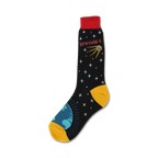 Black crew socks with a red cuff, featuring a Sputnik satellite, stars, and a teal Earth graphic on a yellow heel.