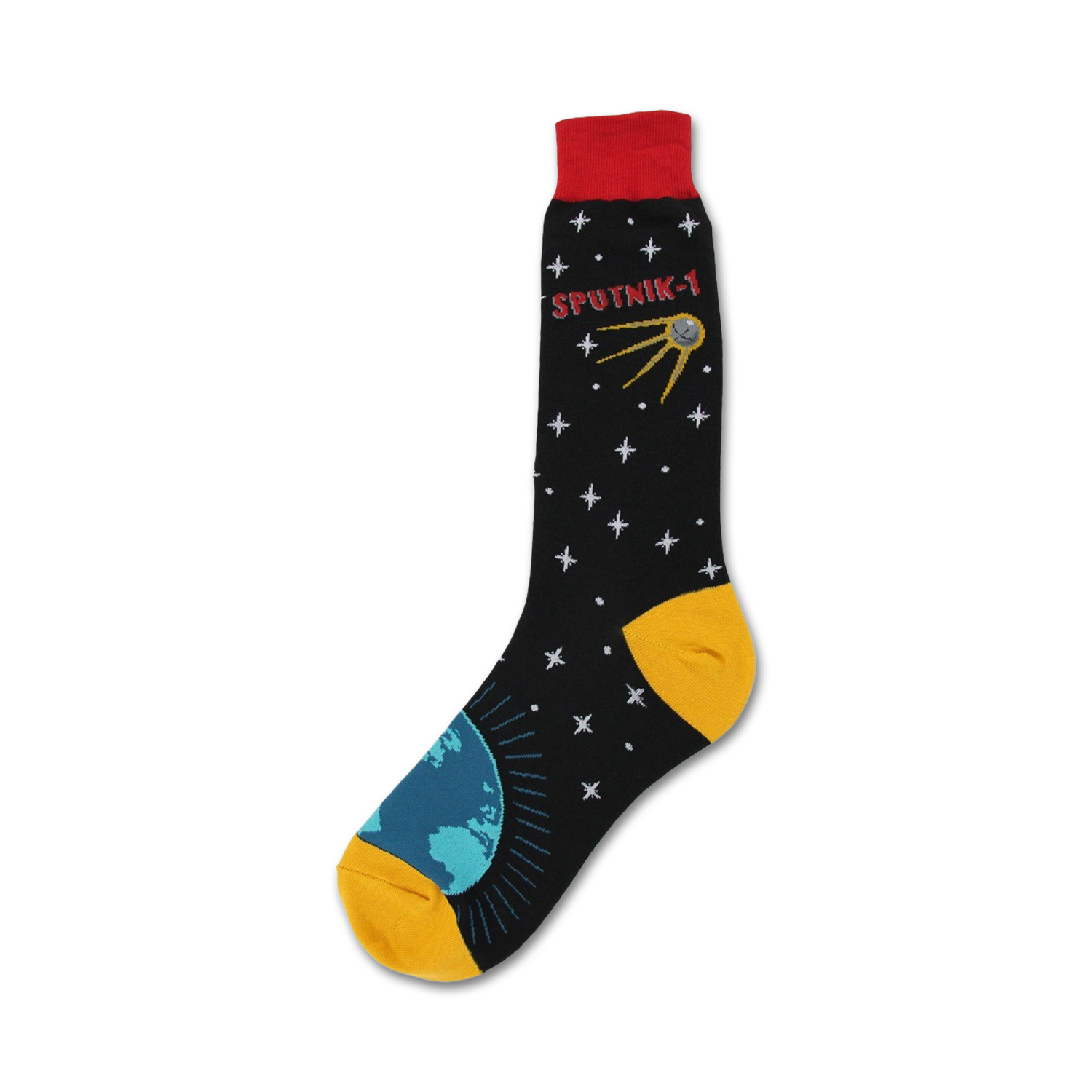 Black crew socks with a red cuff, featuring a Sputnik satellite, stars, and a teal Earth graphic on a yellow heel.