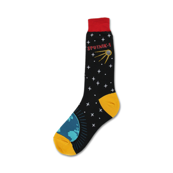 crew socks for men in black with a red cuff featuring a star, planet earth and sputnik pattern.   
