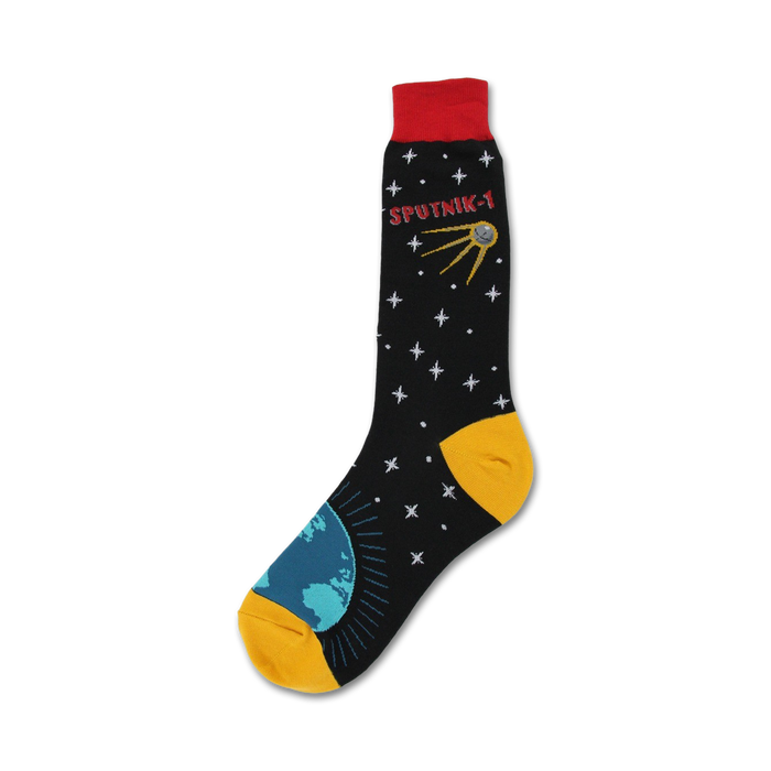 crew socks for men in black with a red cuff featuring a star, planet earth and sputnik pattern.   