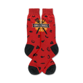 Pair of red crew socks with a black BBQ grill utensil design and food icons.  'Grill Boss' is printed on a yellow banner.