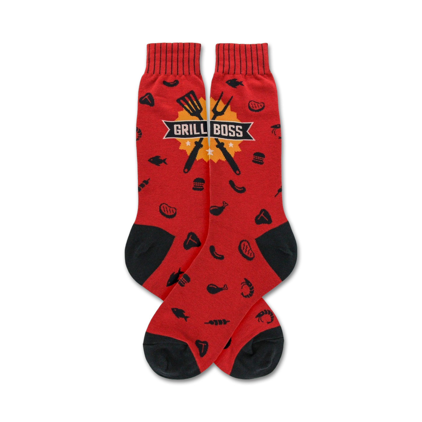 Pair of red crew socks with a black BBQ grill utensil design and food icons.  'Grill Boss' is printed on a yellow banner.