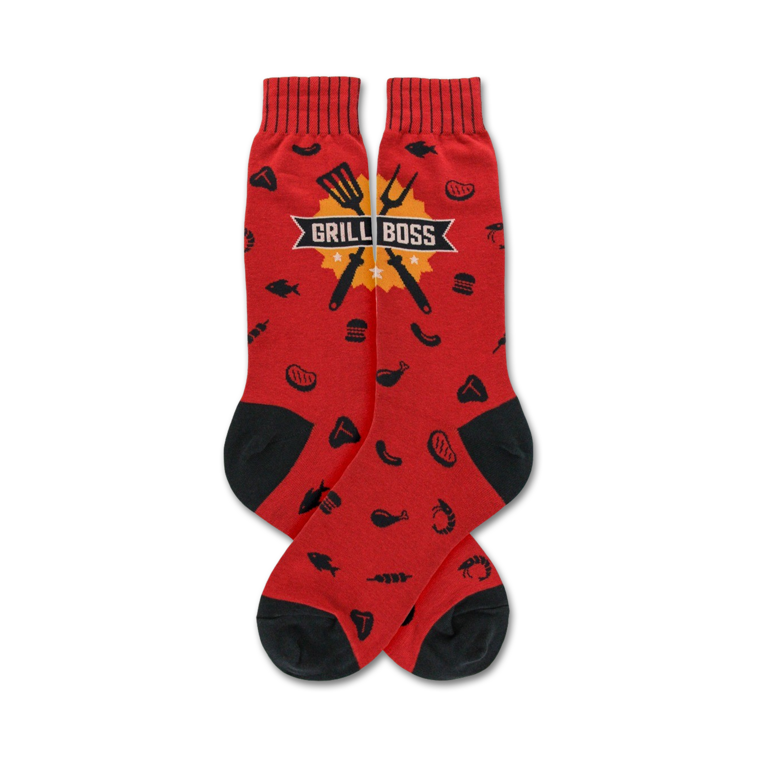 Pair of red crew socks with a black BBQ grill utensil design and food icons.  'Grill Boss' is printed on a yellow banner.