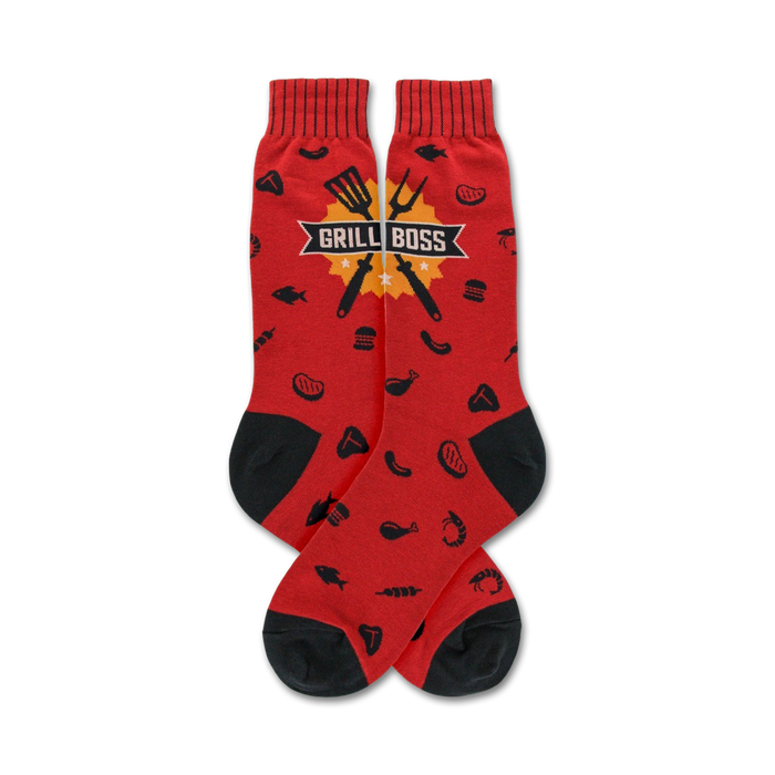 red crew socks with black toe, heel, and cuff. yellow banner with 