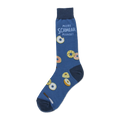 Blue crew socks with a pattern of illustrated bagels, a knife, and the text 'More Schmear Please!'