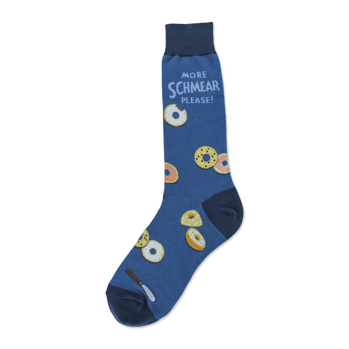 Blue crew socks with a pattern of illustrated bagels, a knife, and the text 'More Schmear Please!'