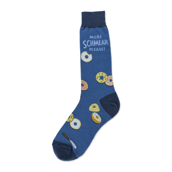 Blue crew socks with a pattern of illustrated bagels, a knife, and the text 'More Schmear Please!'