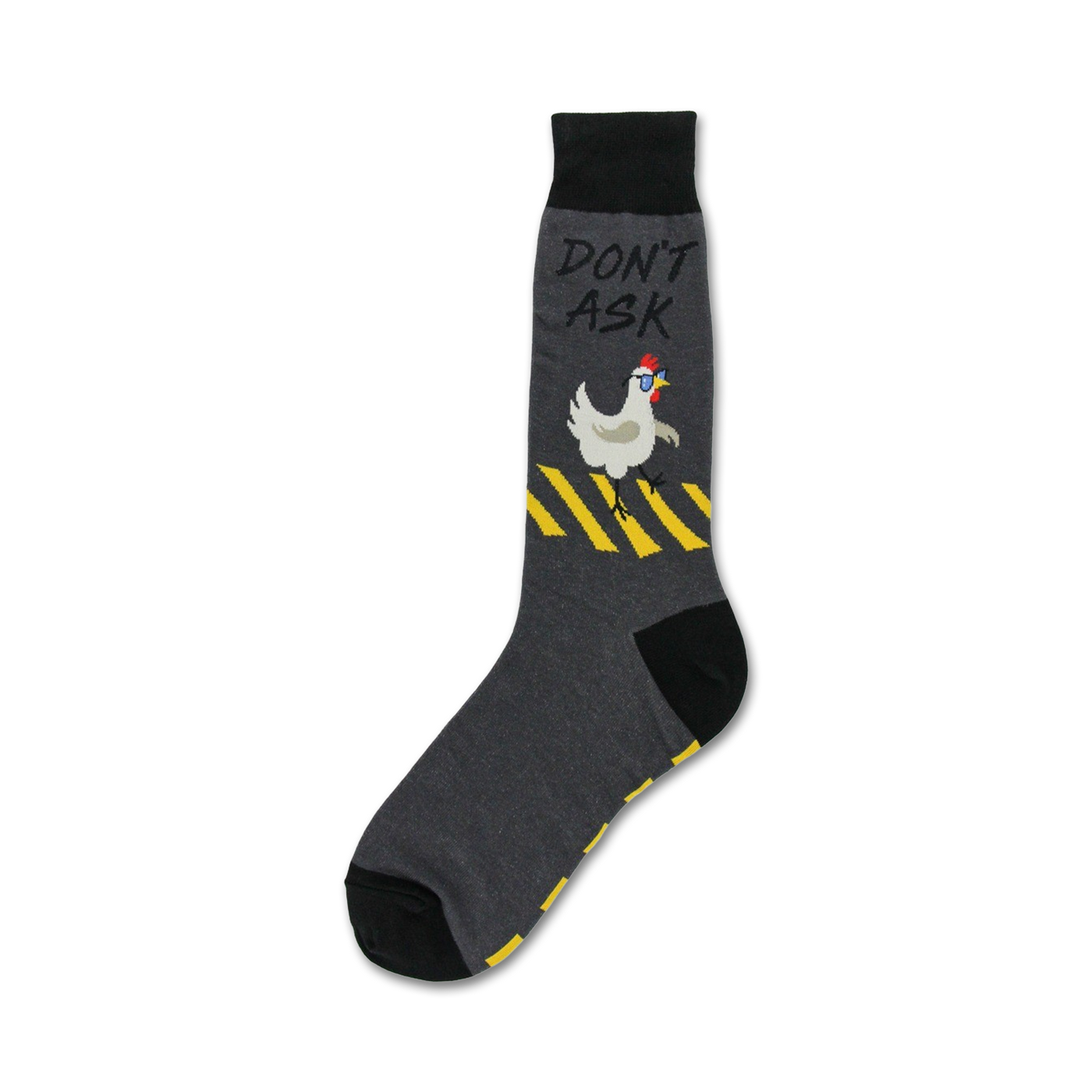 Grey crew socks with a black toe and cuff. Design features a white chicken wearing sunglasses, walking on a yellow and black striped pedestrian crossing. Text says 'Don't Ask'.