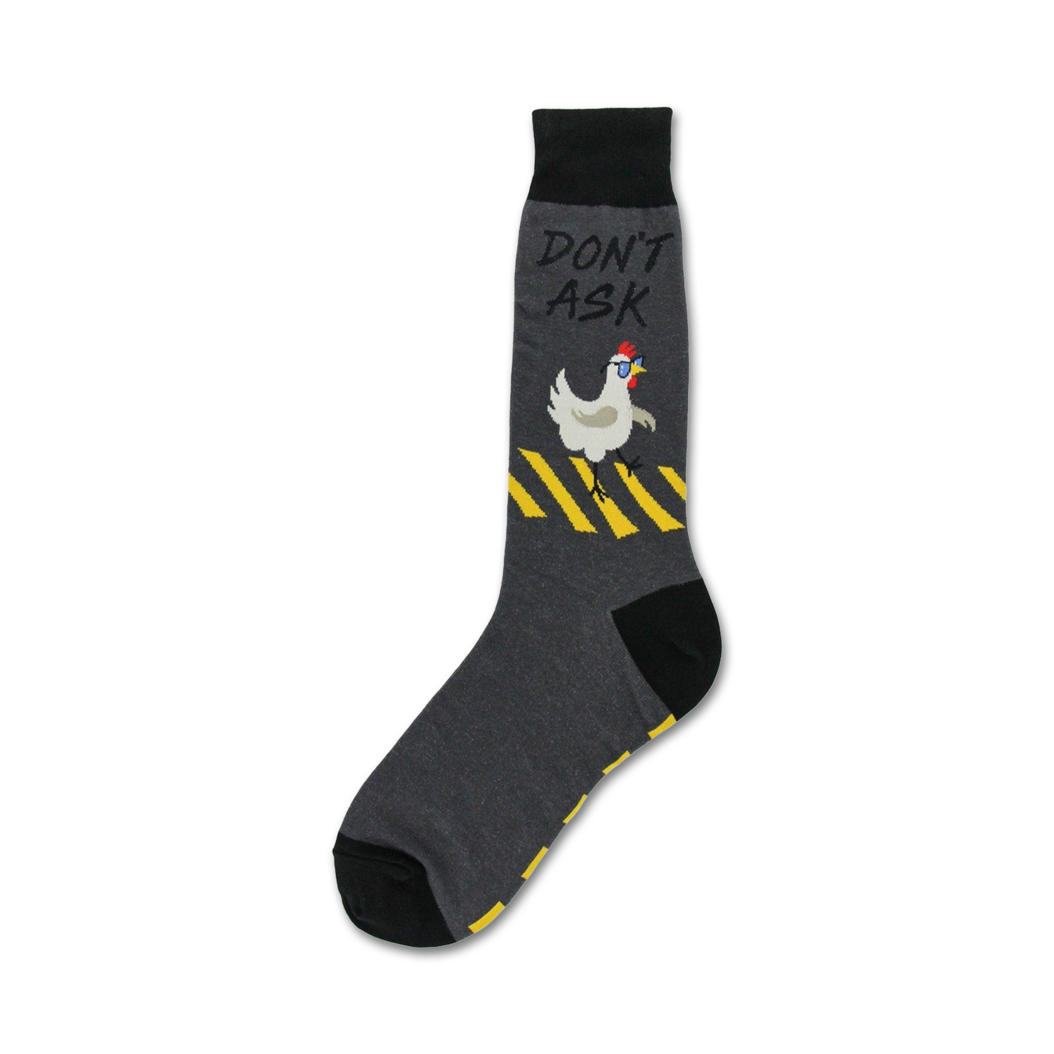 Grey crew socks with a black toe and cuff. Design features a white chicken wearing sunglasses, walking on a yellow and black striped pedestrian crossing. Text says 'Don't Ask'.