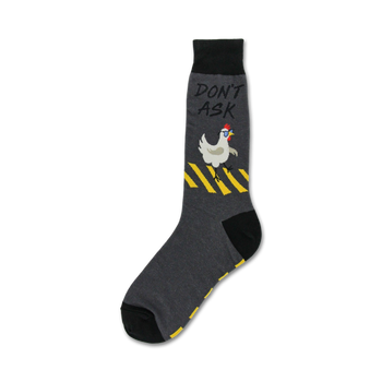 gray crew socks with black accents. don't ask text and a chicken crossing in a crosswalk design.  