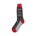 Crew socks in grey, red, and heather grey.  The design features the text 'Running Late Is My Cardio' with a heartbeat graphic.