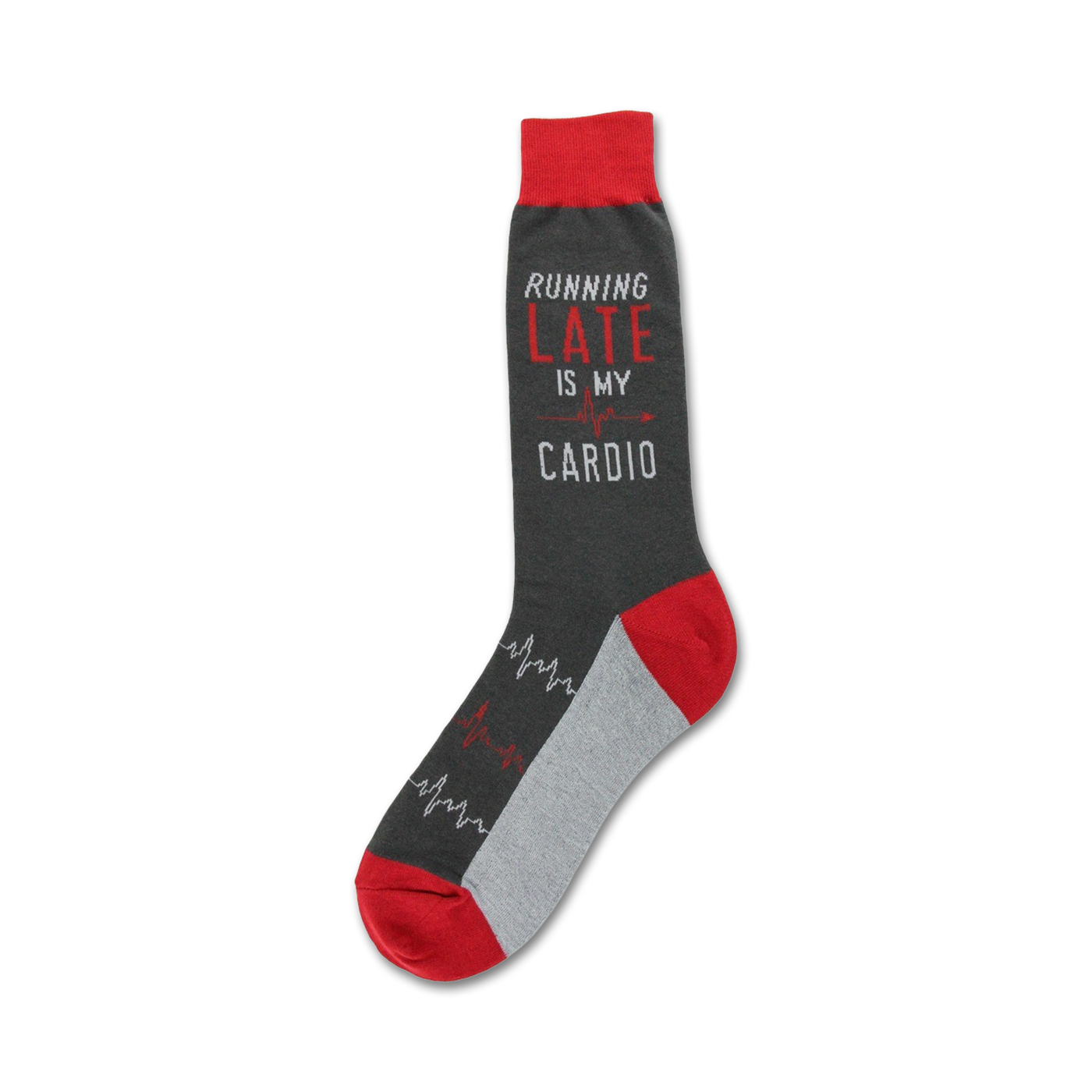 Crew socks in grey, red, and heather grey.  The design features the text 'Running Late Is My Cardio' with a heartbeat graphic.