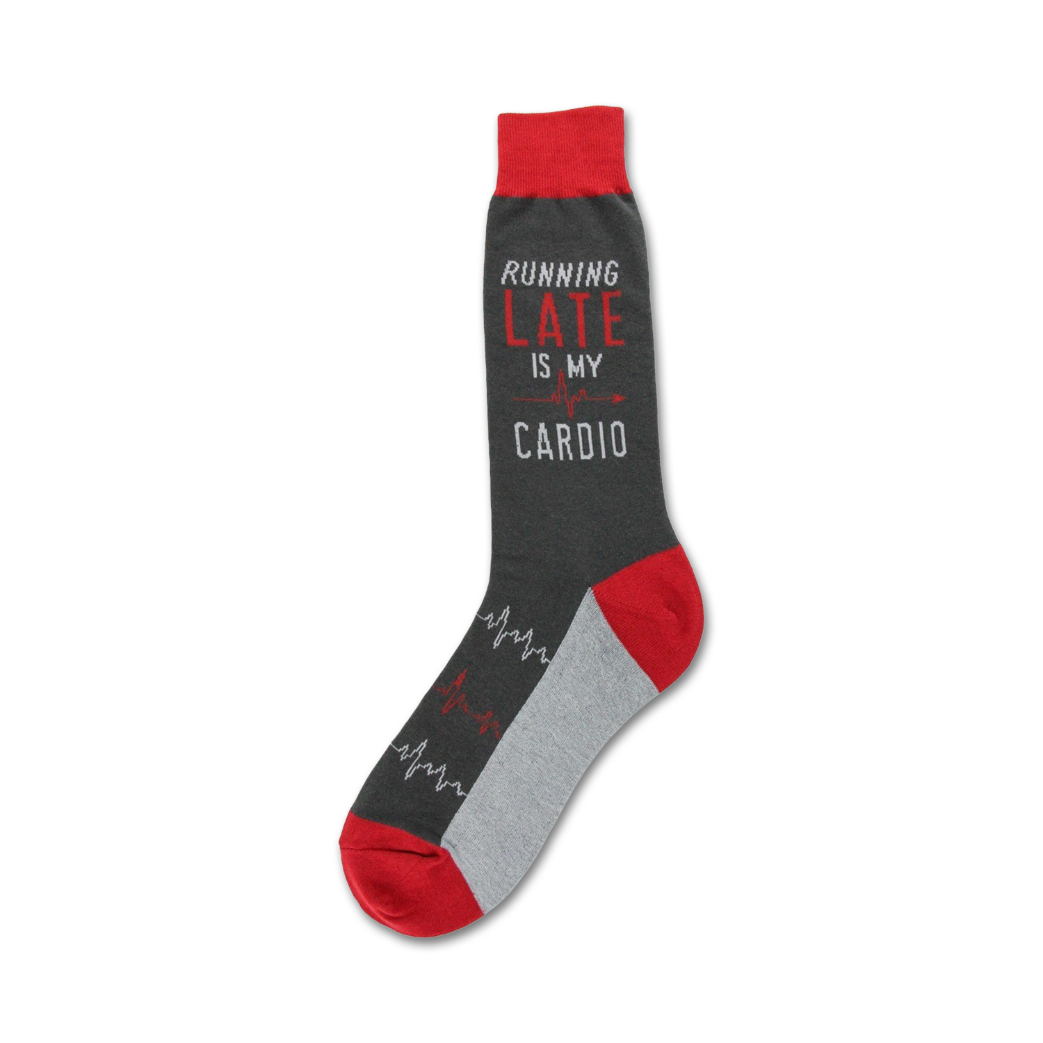 Crew socks in grey, red, and heather grey.  The design features the text 'Running Late Is My Cardio' with a heartbeat graphic.