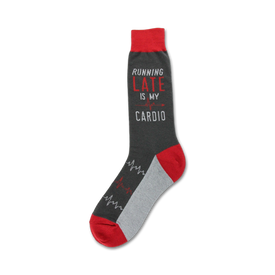 gray socks with red toes, heels and tops. knitted with the words "running late is my cardio". crew length socks for men.   
