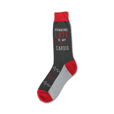 gray socks with red toes, heels and tops. knitted with the words "running late is my cardio". crew length socks for men.   