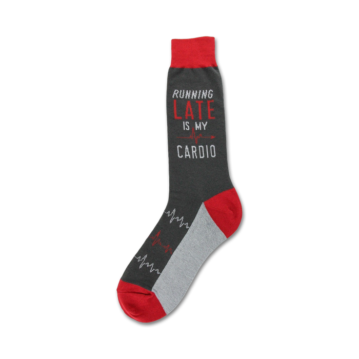 gray socks with red toes, heels and tops. knitted with the words 