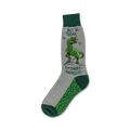 Gray crew socks with a green T-Rex graphic, small birds, and the text 'Not today, I'm short-handed!' Green accents at the top and bottom.