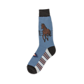 Heather blue crew sock featuring a brown horse running by a fence, with black trim, geometric details, and a striped sole.