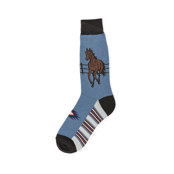 Heather blue crew sock featuring a brown horse running by a fence, with black trim, geometric details, and a striped sole.