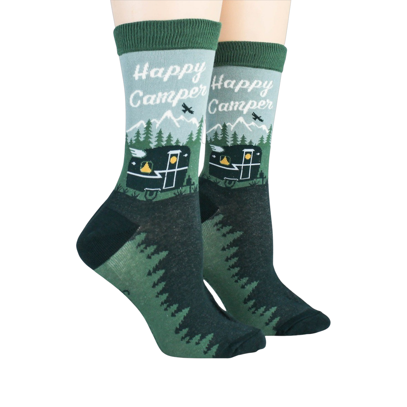 Lifestyle image showing Happy Camper socks on a person's feet.