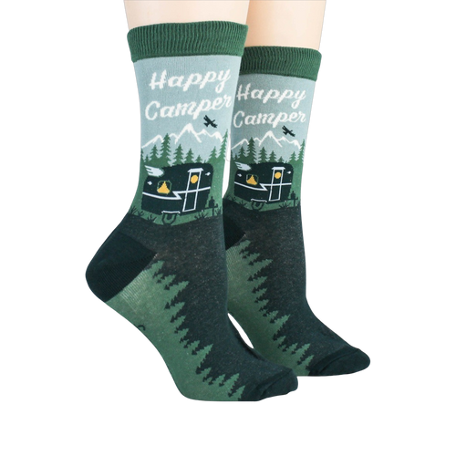 Lifestyle image showing Happy Camper socks on a person's feet.