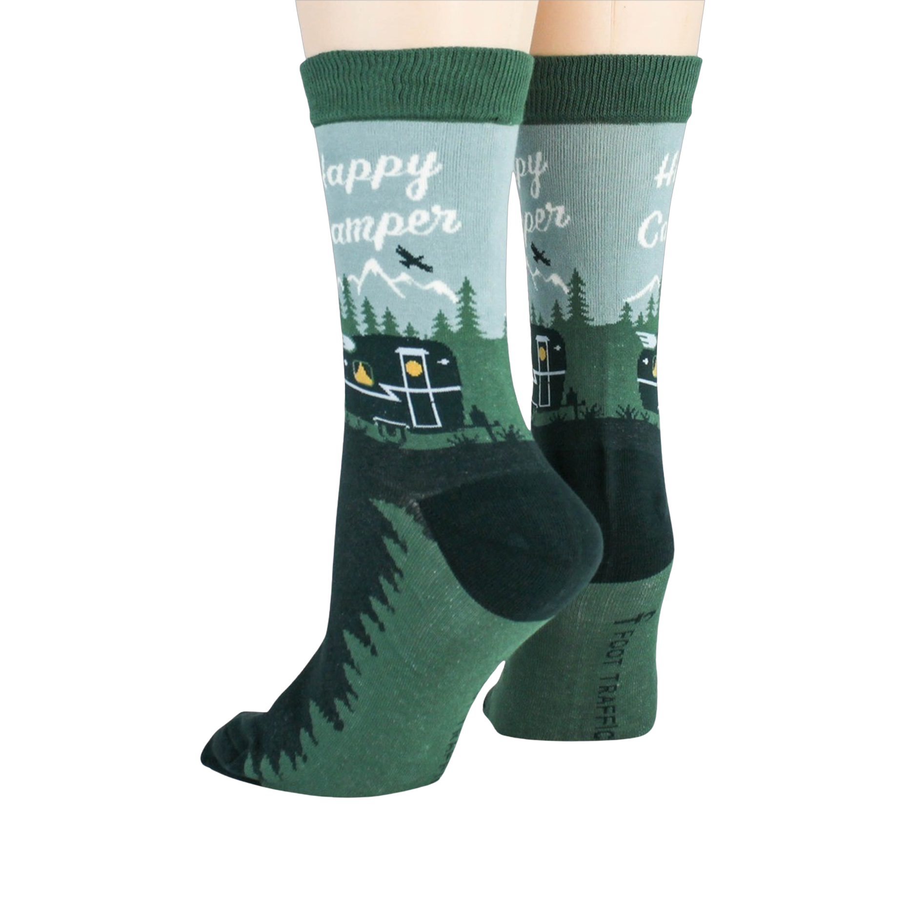 Close-up of Happy Camper socks, showcasing the design detail and heel.