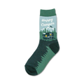 Happy Camper crew socks in teal and dark green. Features a vintage camper van illustration, mountains, and trees.